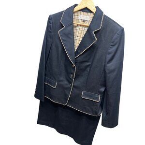 Tahari Arthur S Levine Navy Chambray Plaid Trim Skirt Suit